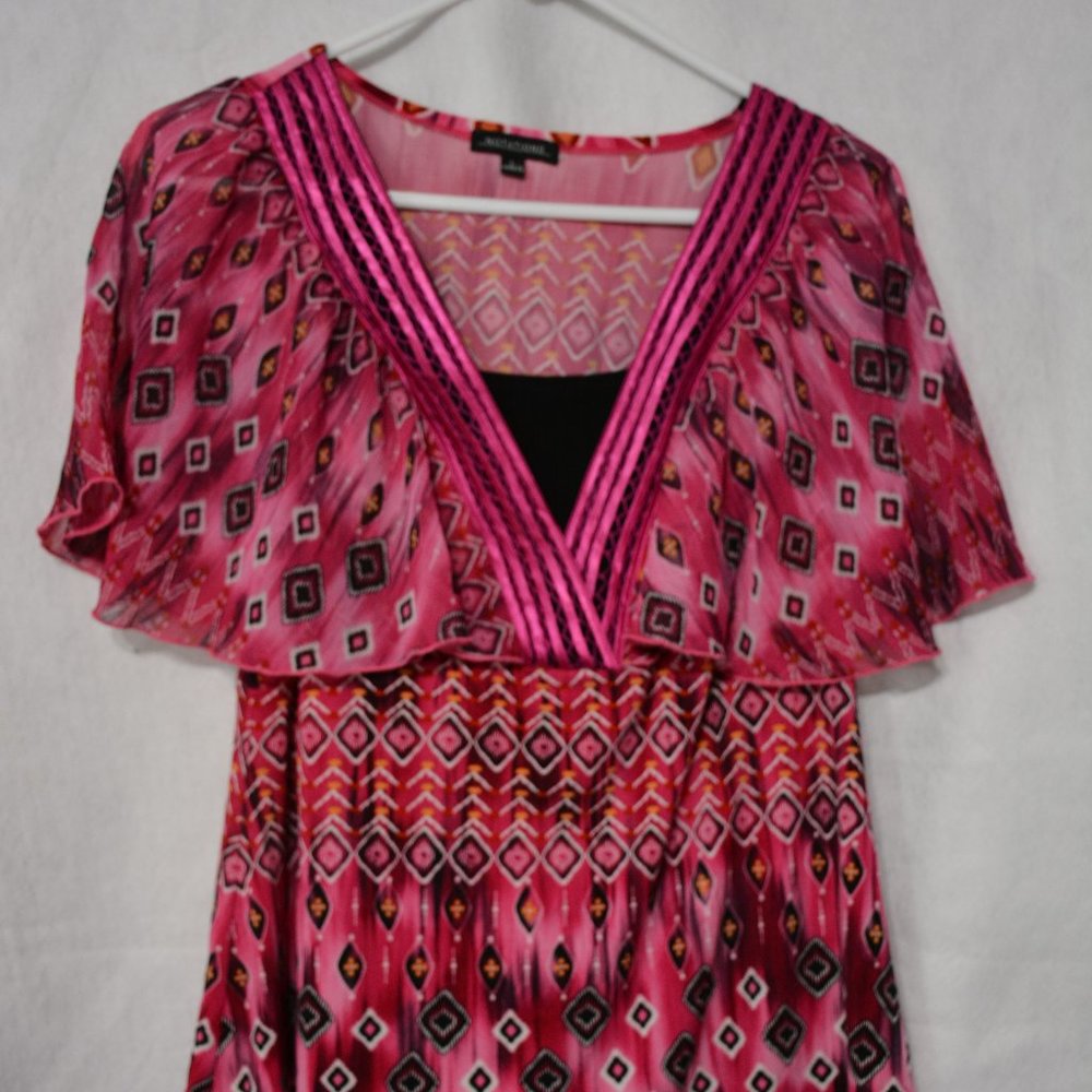 Women's Large V-Neck Blouse with Flutter Sleeves and Black insert in V-Neck